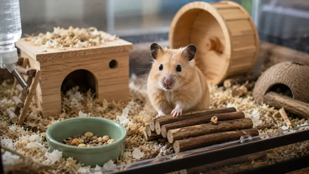 Golden Syrian hamster sitting calmly inside a beginner-friendly enclosure
