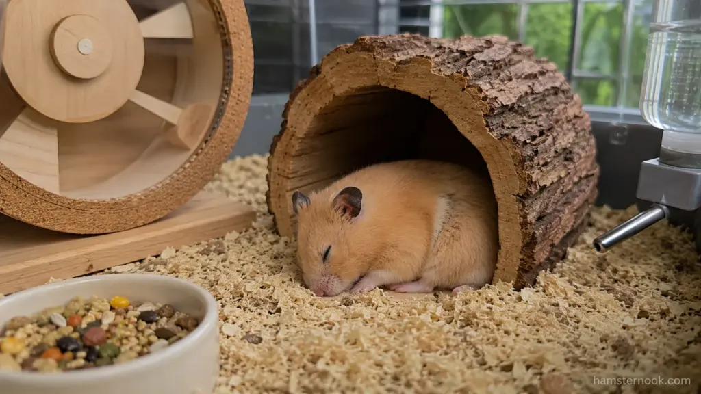 Sleeping Syrian hamster resting inside a wooden hide during the day