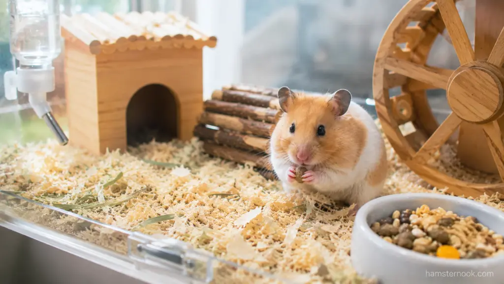 Syrian hamster eating food in a spacious beginner-friendly enclosure