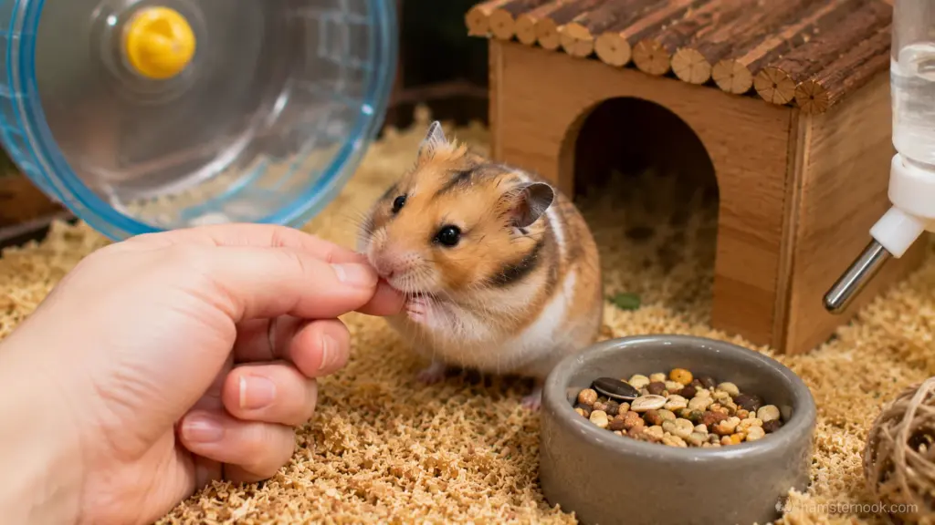 Golden Syrian hamster gently taking a treat from its owner's hand
