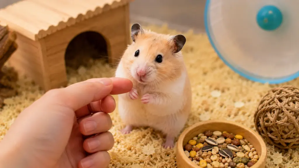 Syrian hamster paying attention to owner's finger during training session