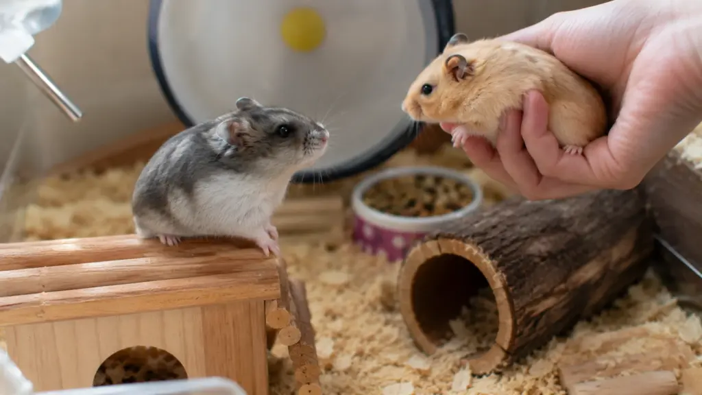 Two pet hamsters noticing each other during a supervised introduction