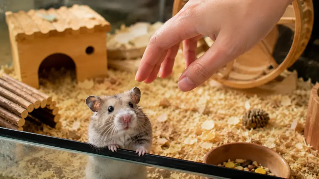 New hamster owner reaching toward a recently adopted hamster during its adjustment period