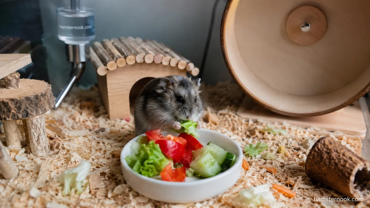 Pet hamster eating fresh vegetables safely from a small feeding dish