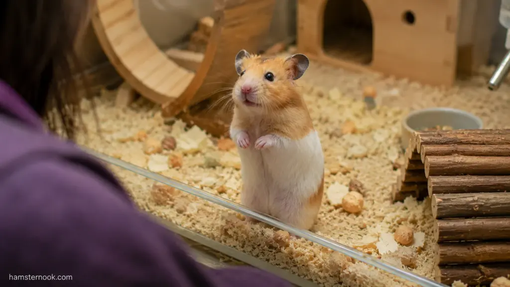 Pet hamster watching its owner and following movement with its eyes