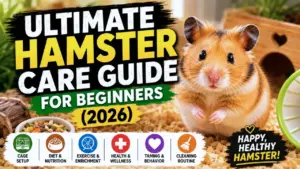 Ultimate hamster care guide showing a healthy pet hamster in a properly set up enclosure