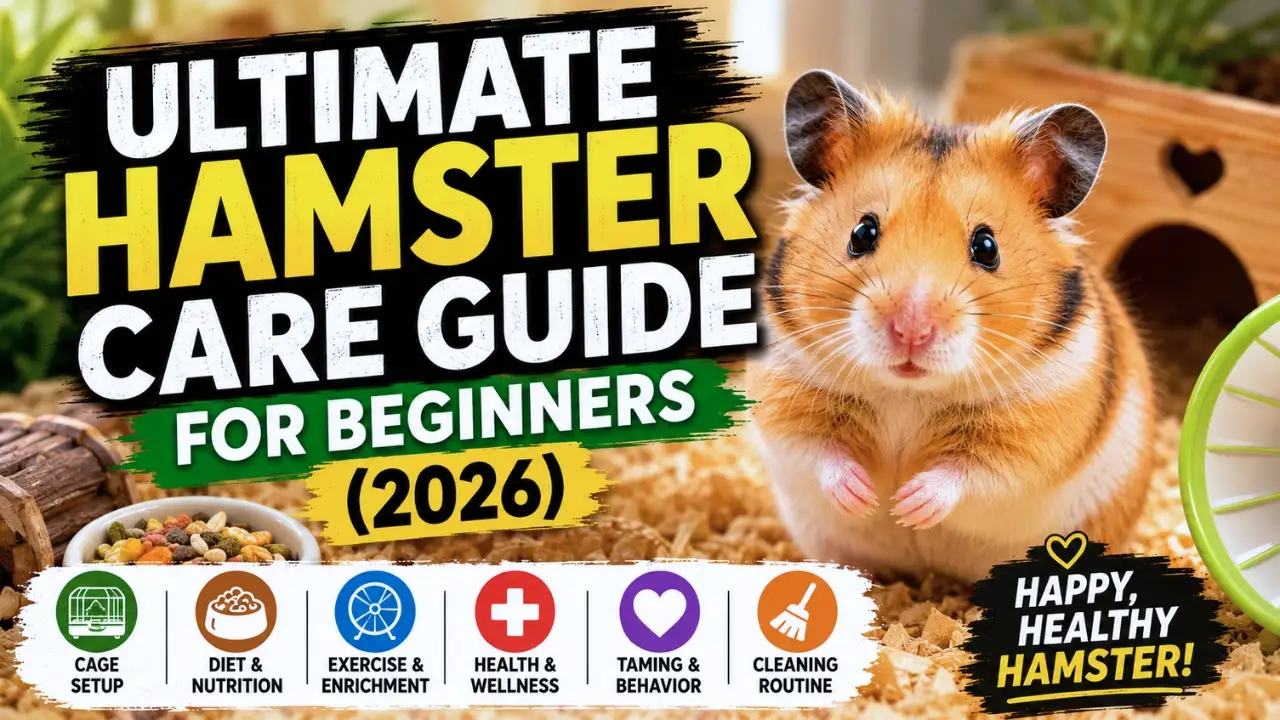 Ultimate hamster care guide showing a healthy pet hamster in a properly set up enclosure