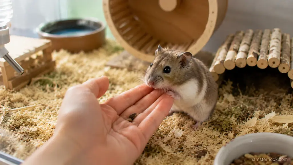 Dwarf hamster taking a treat from its owner's hand during taming
