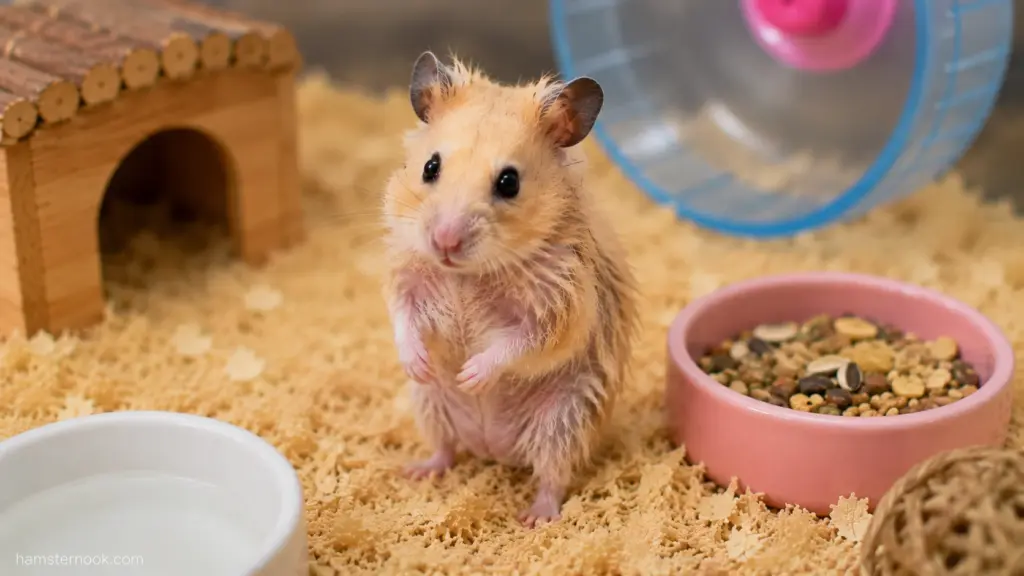 thin hamster standing near food bowl showing possible health concerns