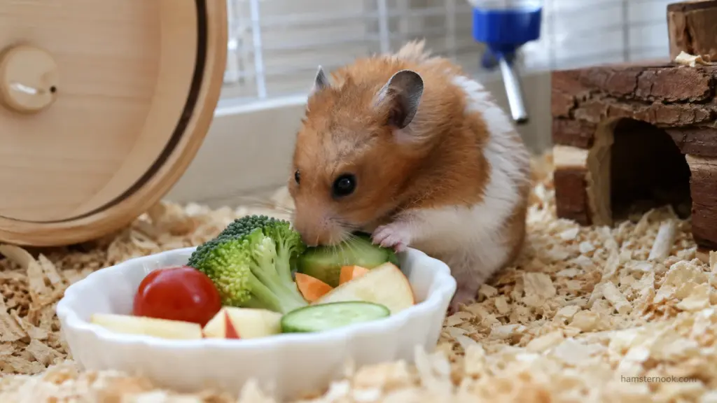 Syrian hamster eating washed fresh vegetables from a food bowl