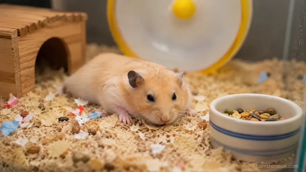 weak hamster sitting near food bowl without eating