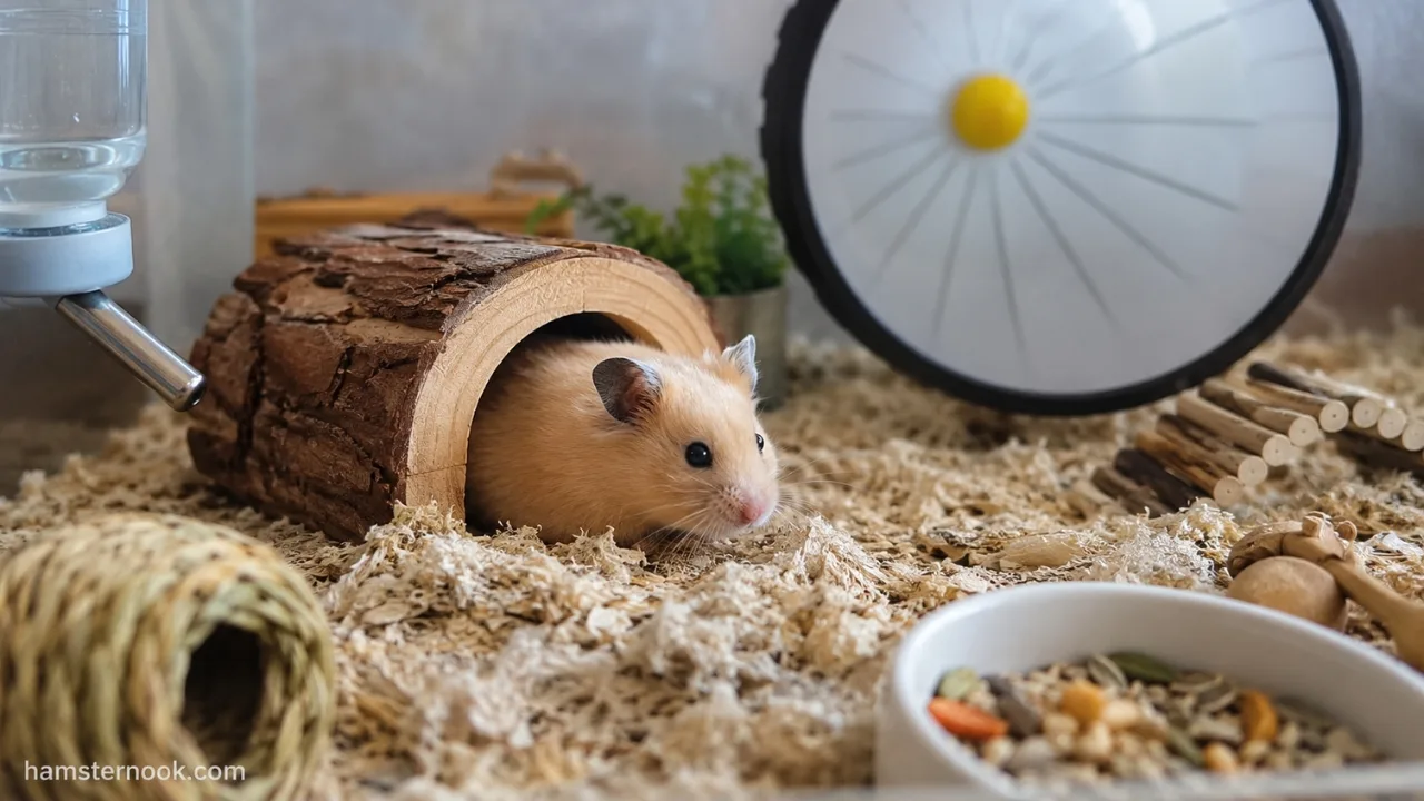 Pet hamster relaxing safely inside a well-designed cage with deep bedding and hideouts