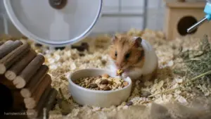Healthy hamster eating a balanced daily diet with pellets and fresh vegetables