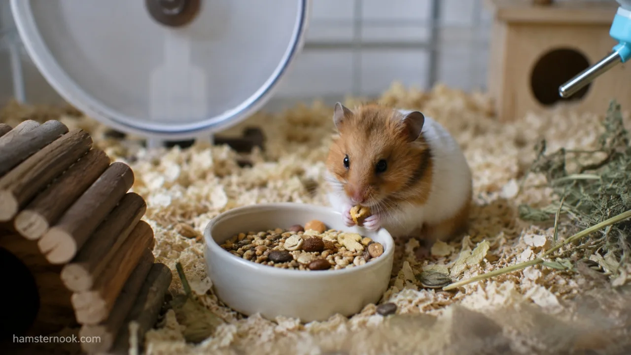 Healthy hamster eating a balanced daily diet with pellets and fresh vegetables