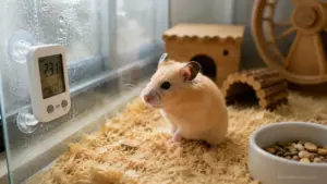 Pet hamster resting comfortably in a temperature-safe indoor habitat