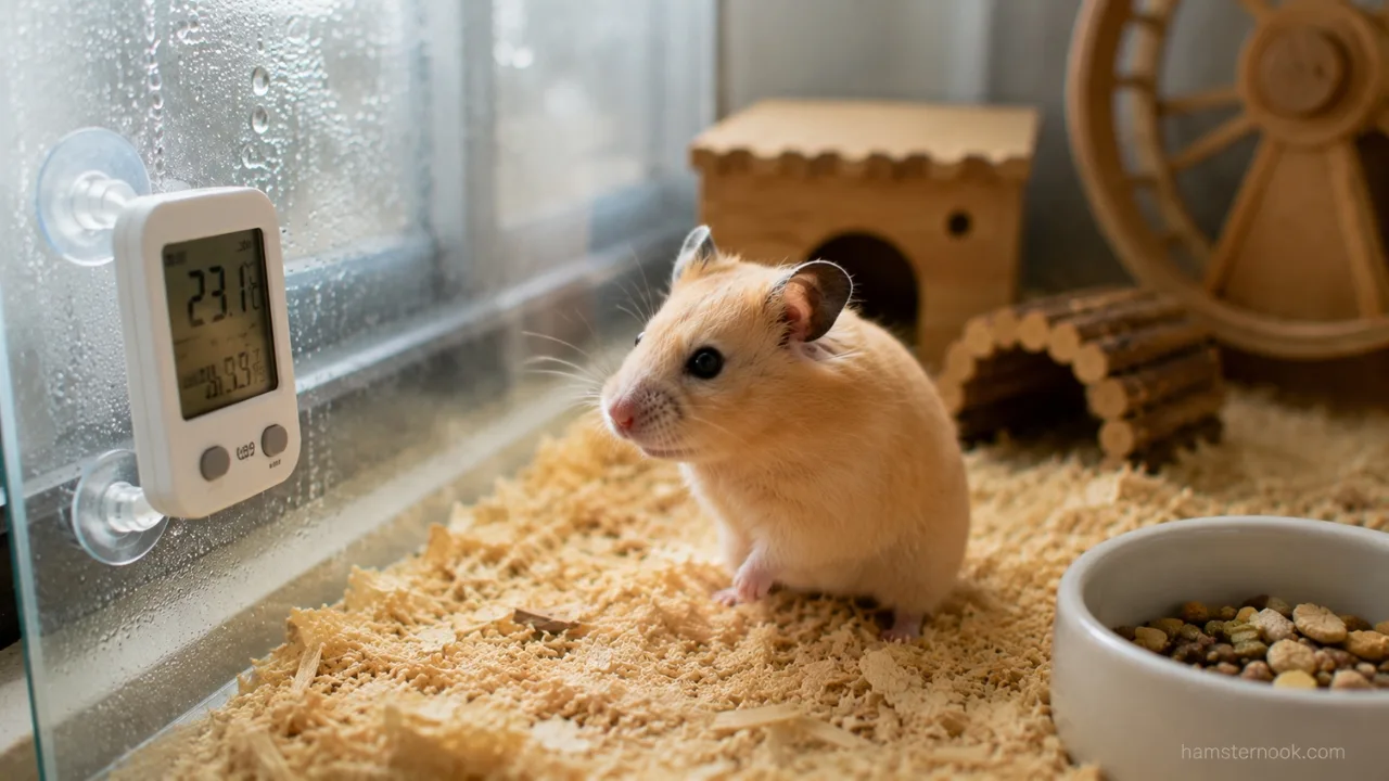 Pet hamster resting comfortably in a temperature-safe indoor habitat