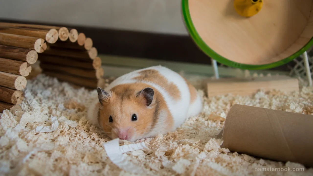 Bored hamster chewing cage bars and looking restless inside its enclosure