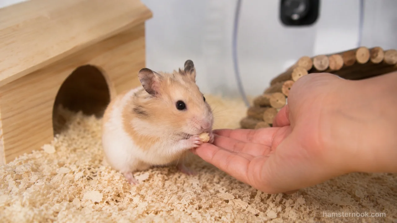 Friendly Syrian hamster being gently held by its owner