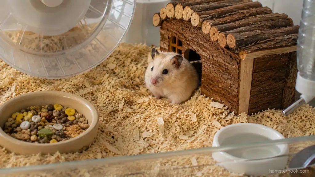 Hamster sitting beside a wooden hide surrounded by deep bedding suitable for burrowing