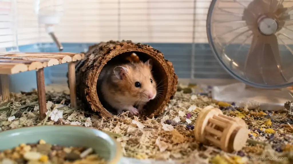 Hamster emerging from a tunnel in deep bedding inside an enriched enclosure