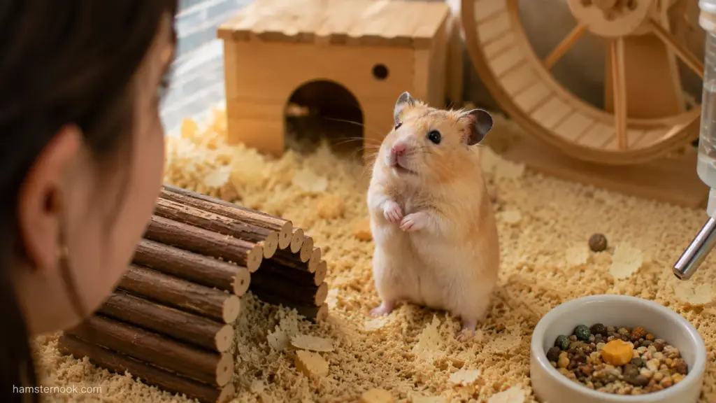 Hamster standing and watching its owner from inside the enclosure