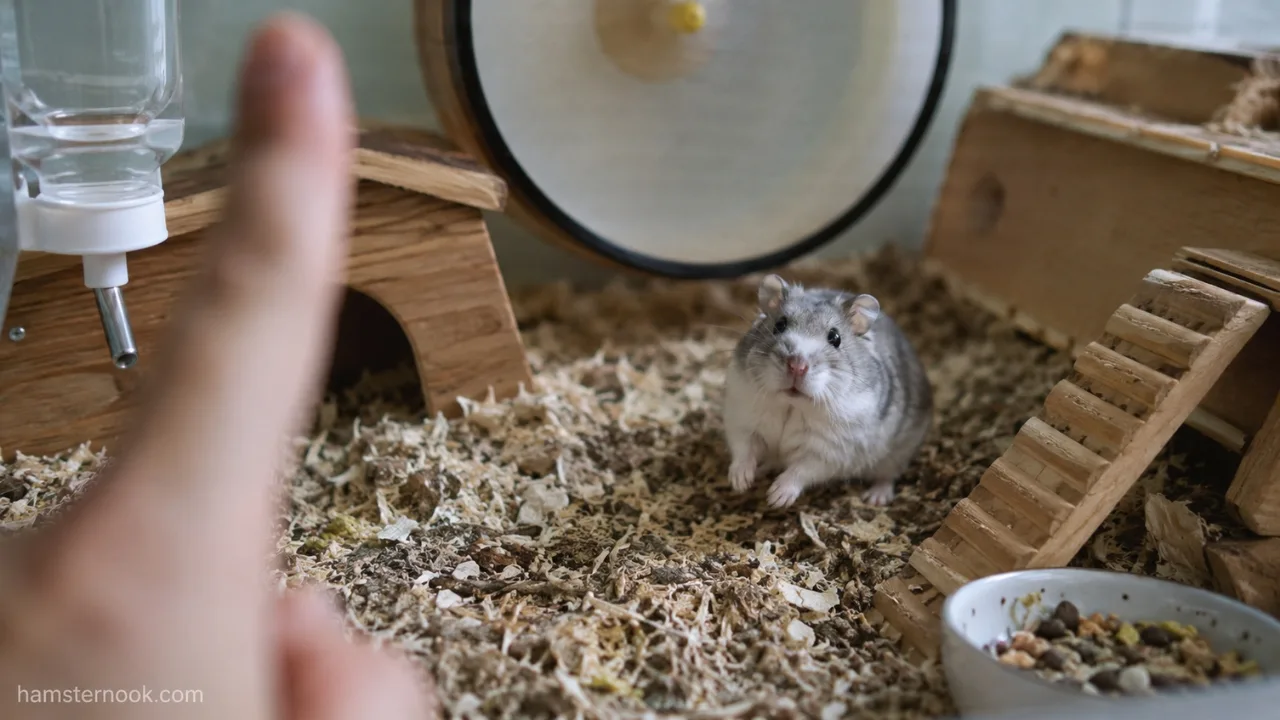 Pet hamster watching its owner and following movement with its eyes