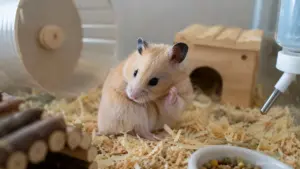Hamster scratching itself while sitting on bedding inside its enclosure