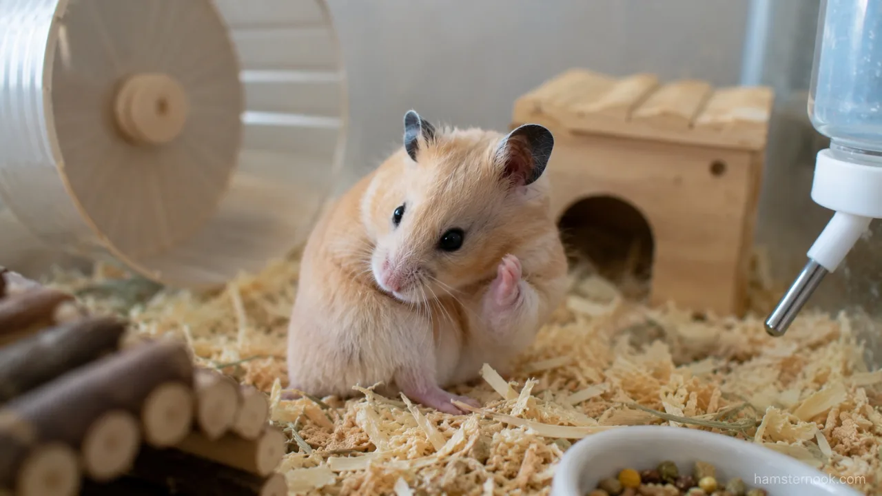 Hamster scratching itself while sitting on bedding inside its enclosure