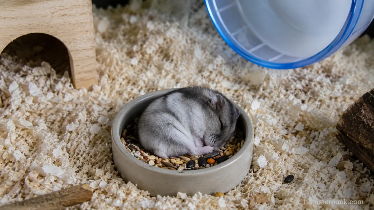 Hamster sleeping curled up inside its food bowl