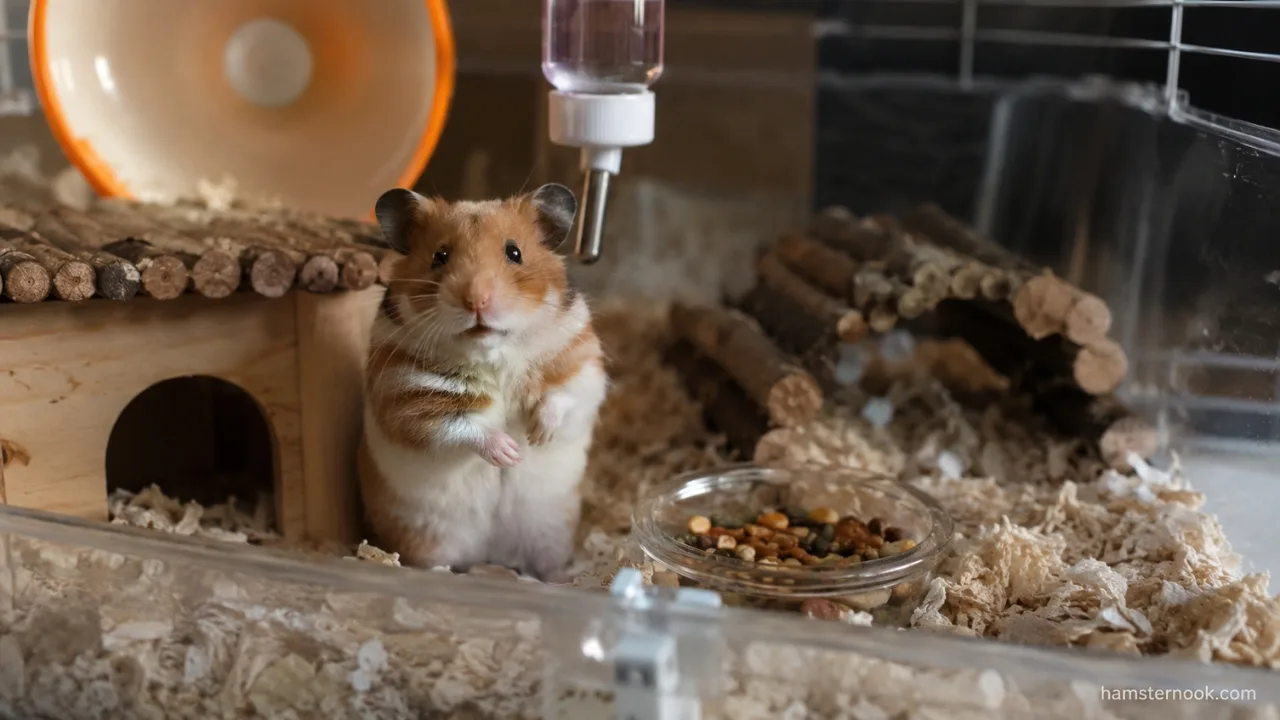 Pet hamster staring curiously at its owner from inside its enclosure