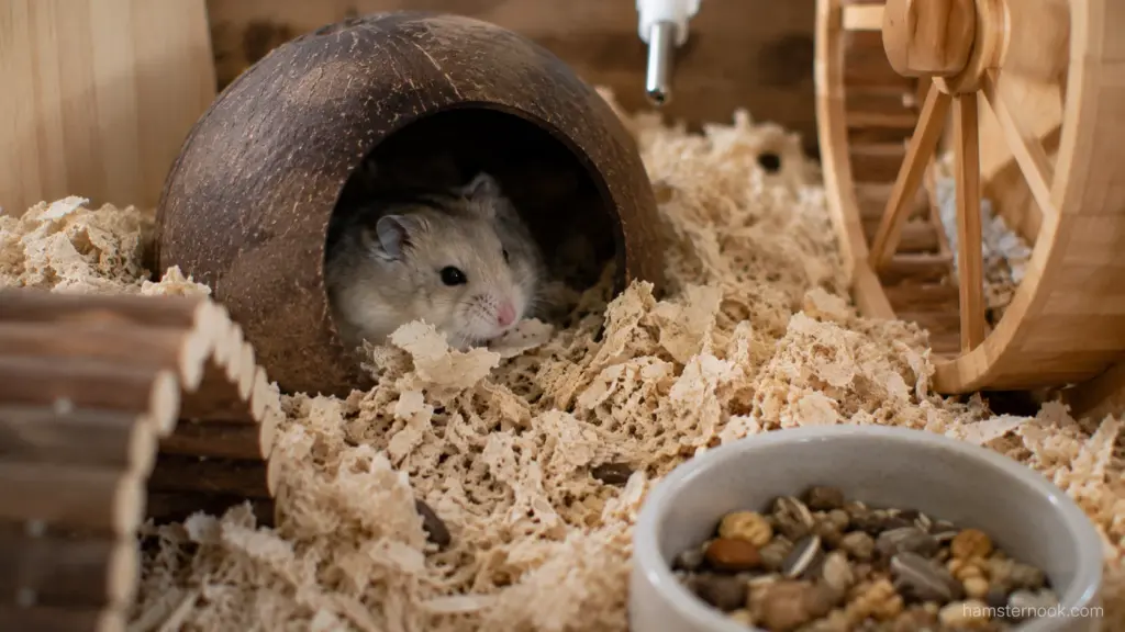 Hamster peeking out from a coconut hide inside its enclosure