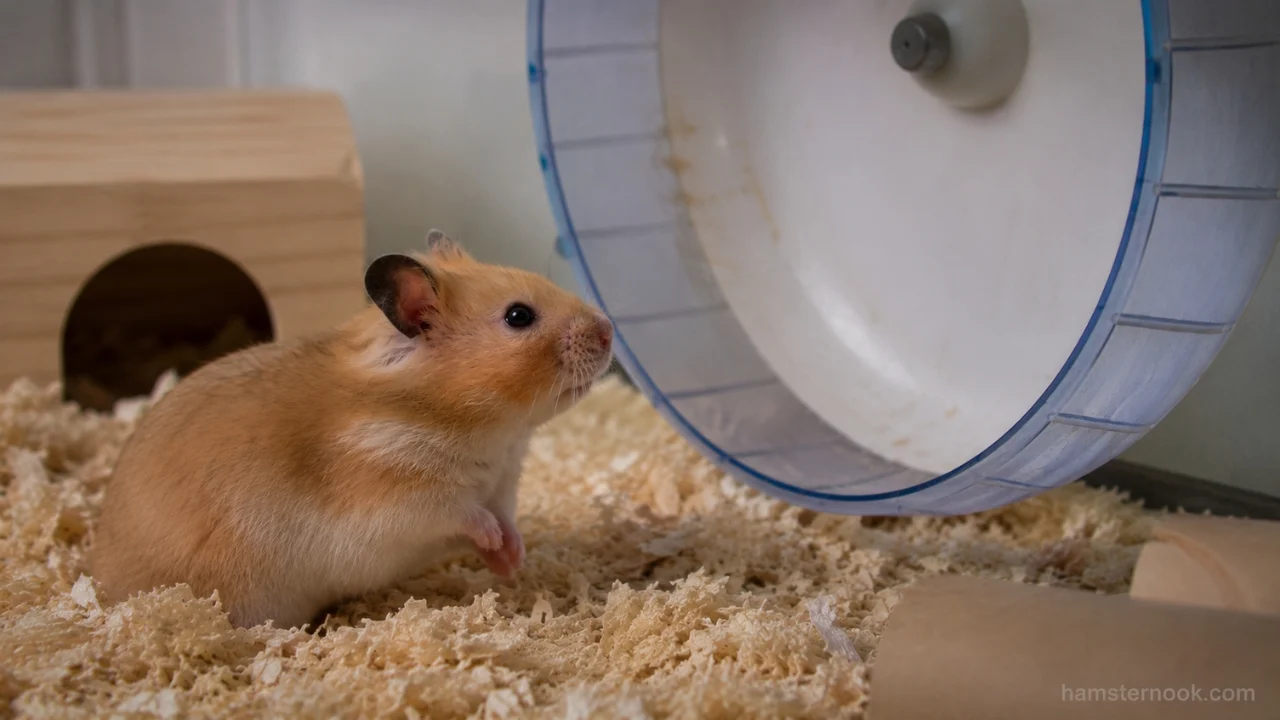Hamster sitting beside its exercise wheel instead of running