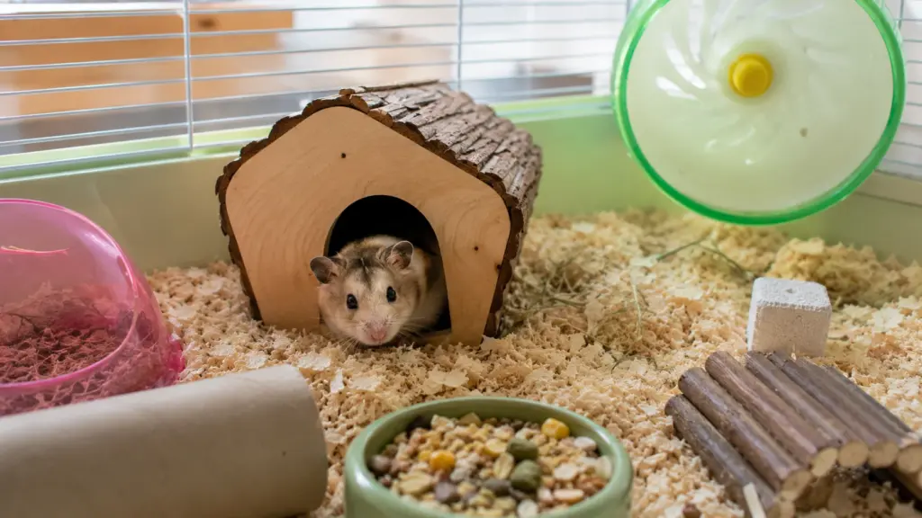 Hamster coming out of a wooden hideout inside its enclosure