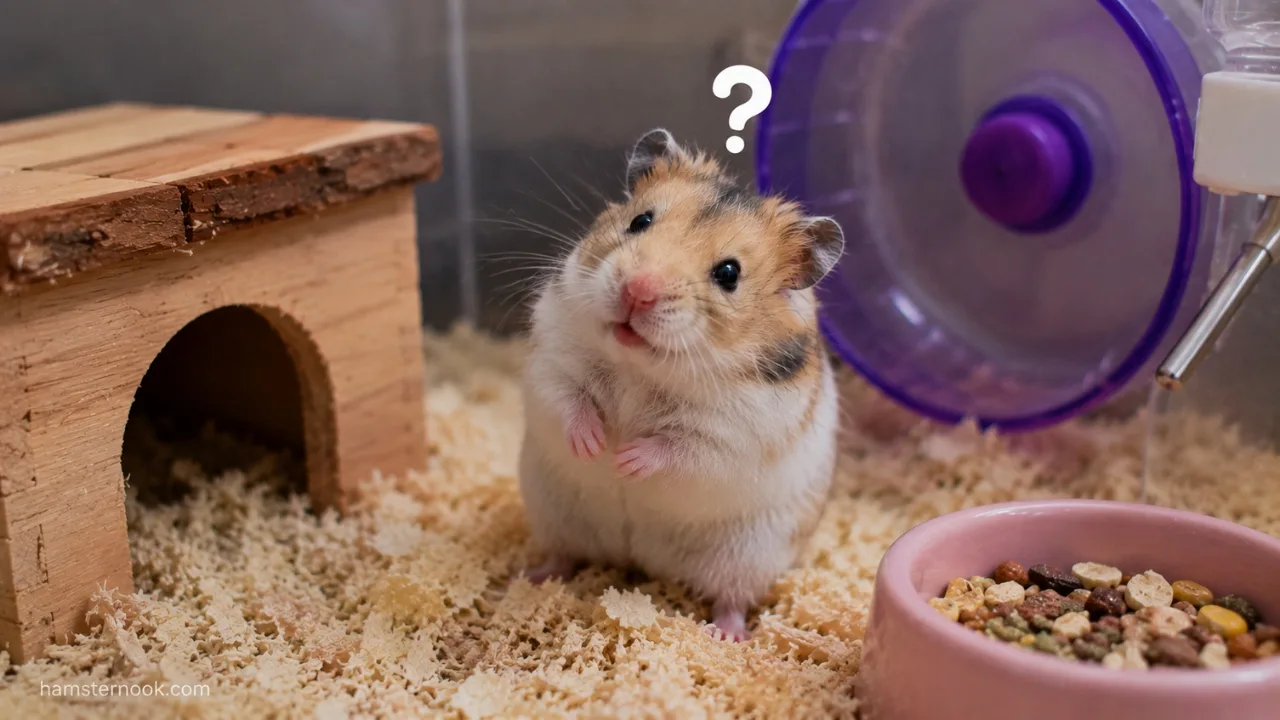 Hamster sitting hunched and acting unusually in its cage