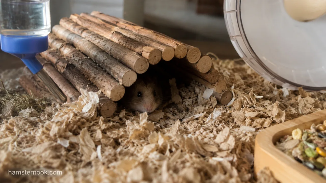 Pet hamster hiding inside a cozy cage hideout during the daytime