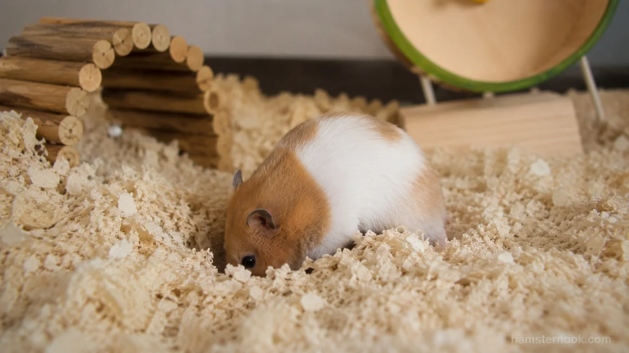 Hamster digging deep tunnels in bedding inside its cage