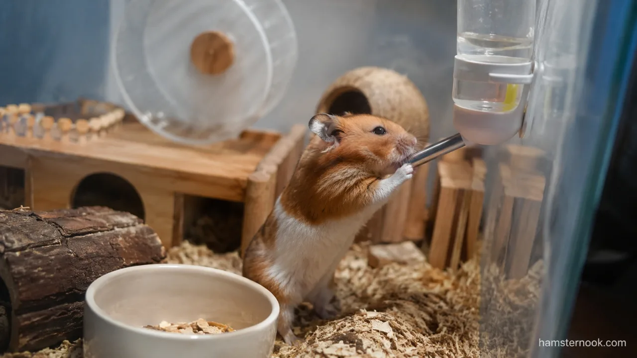 Pet hamster drinking water from a bottle inside its cage
