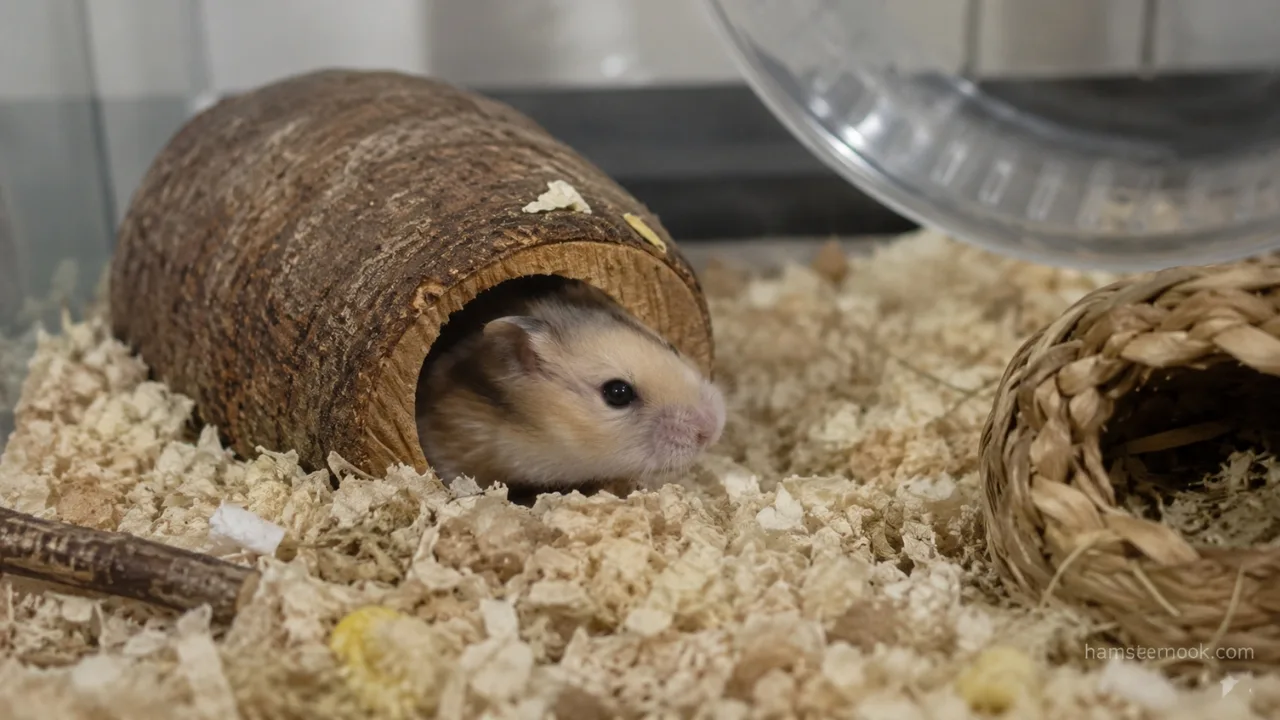 Pet hamster hiding inside a wooden hideout in its cage