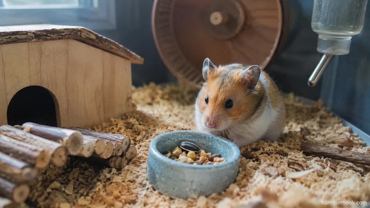 Syrian hamster sitting beside a full food bowl after refusing to eat, showing one of the possible causes of appetite loss in pet hamsters.