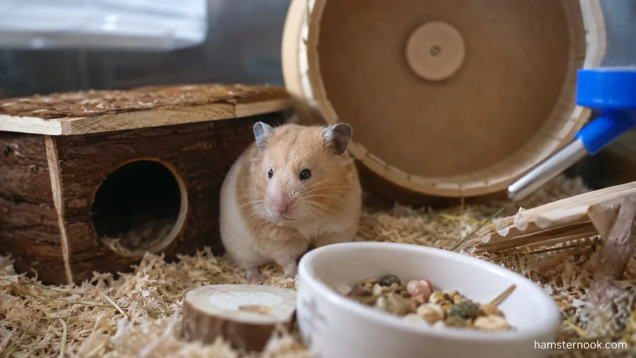 Hamster sitting still inside its cage while resting and observing surroundings