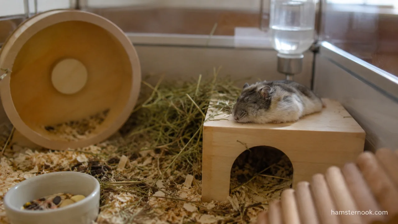 Pet hamster sleeping in a new spot inside its enclosure