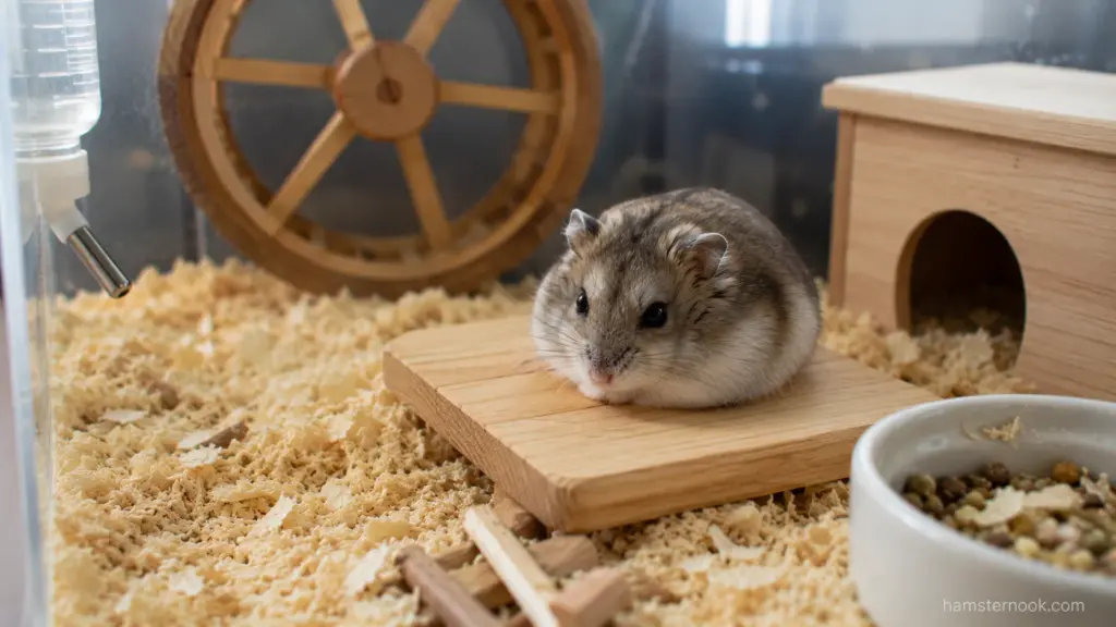 Hamster resting quietly on a wooden platform inside its enclosure