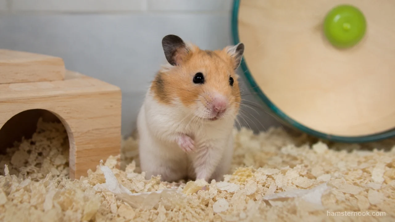Hamster sitting quietly and behaving differently than usual inside its enclosure