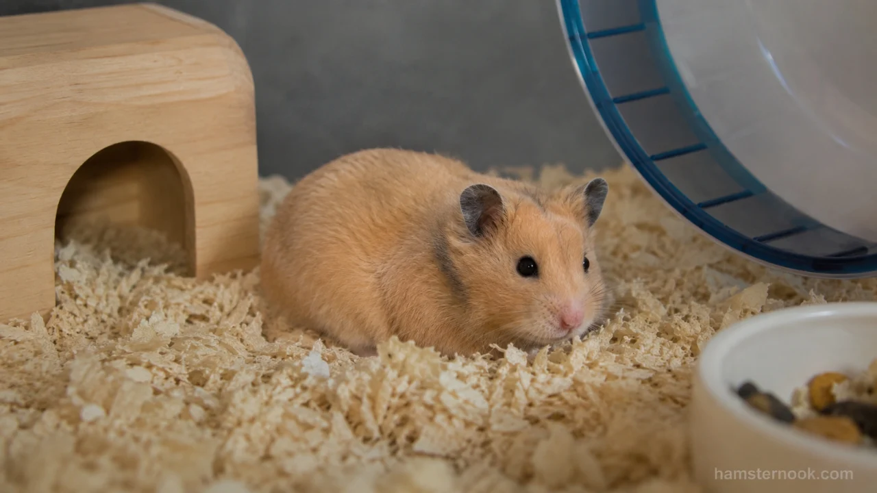 Hamster sitting still in one corner of its enclosure