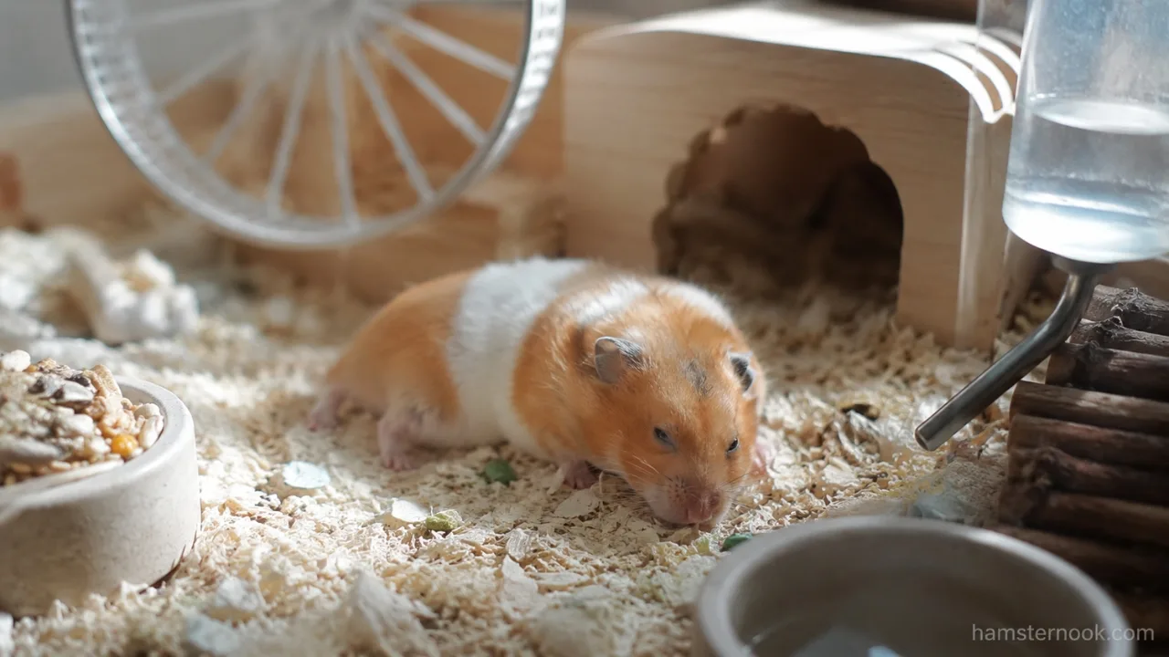 Weak hamster sitting quietly in its cage showing signs of illness