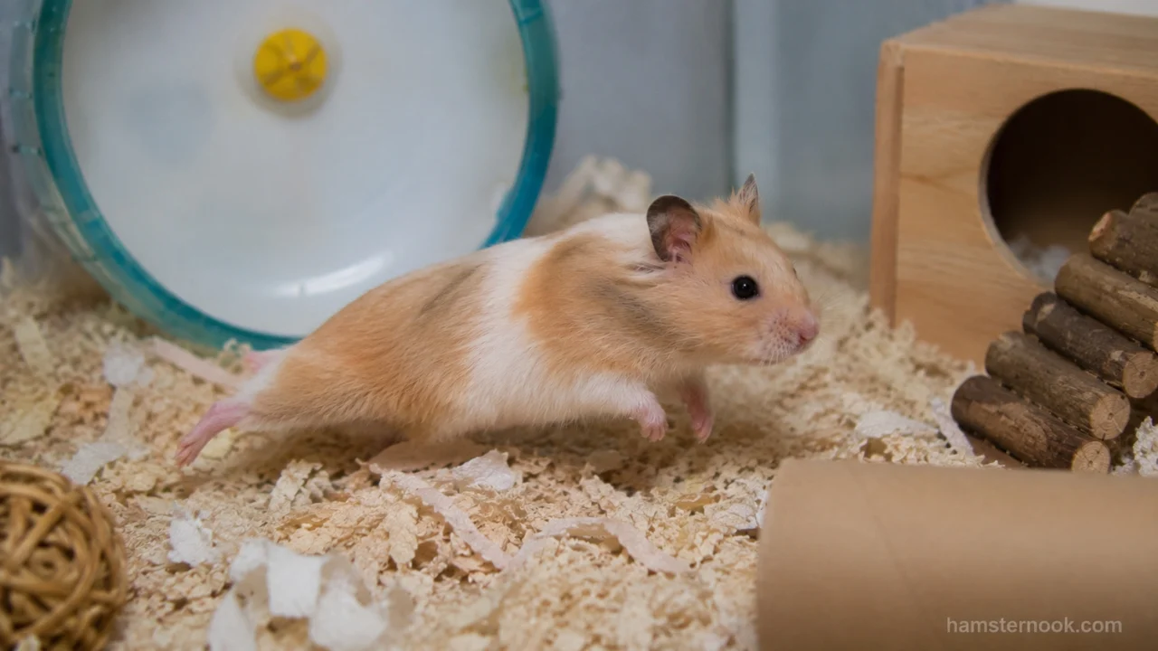 Pet hamster walking backward inside its cage while exploring