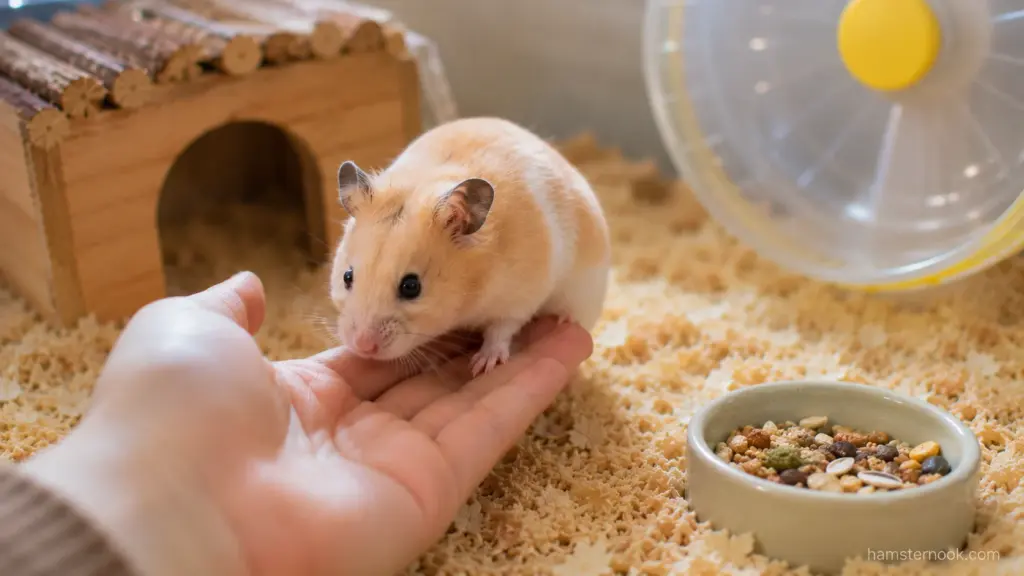 Friendly Syrian hamster climbing onto its owner's hand during a trust-building interaction