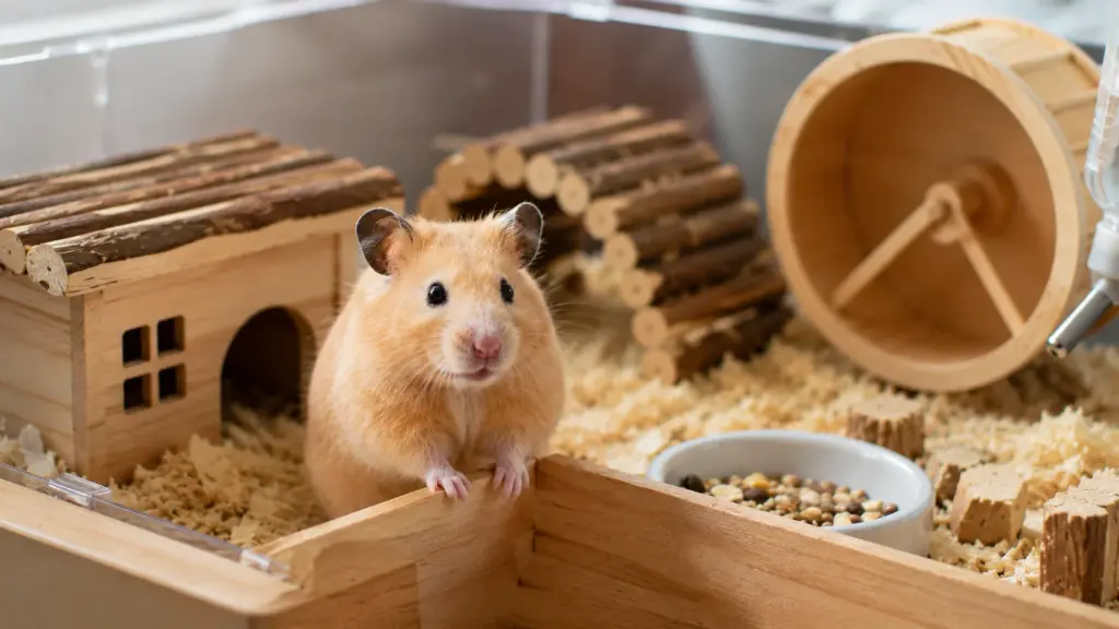 Curious Syrian hamster exploring its enclosure and approaching the front