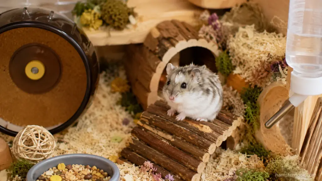 Syrian hamster beside a food bowl in a large enriched enclosure
