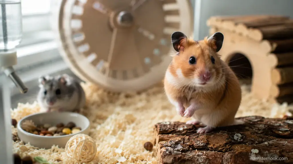 Syrian hamster sitting confidently inside a well-equipped enclosure
